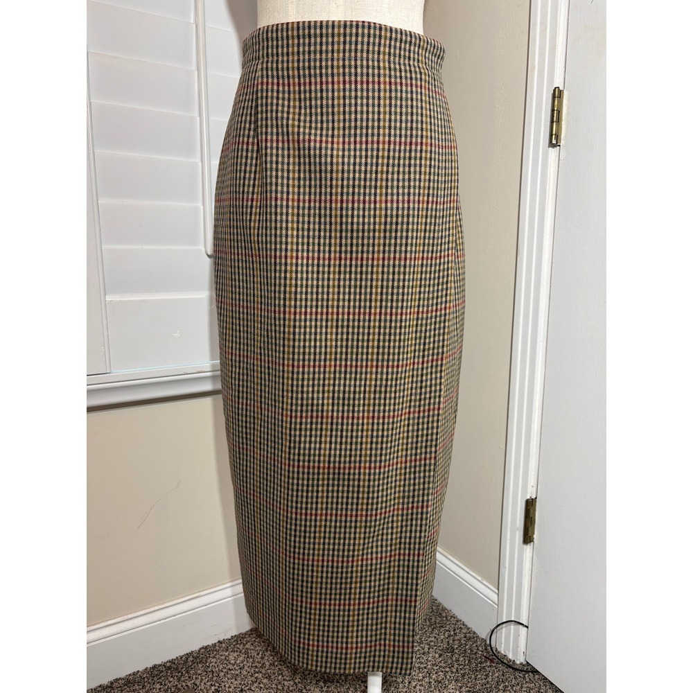 Vintage British Khaki Wrap Wool Skirt 8 (Fits 6) Plaid Midi Lined USA Academia